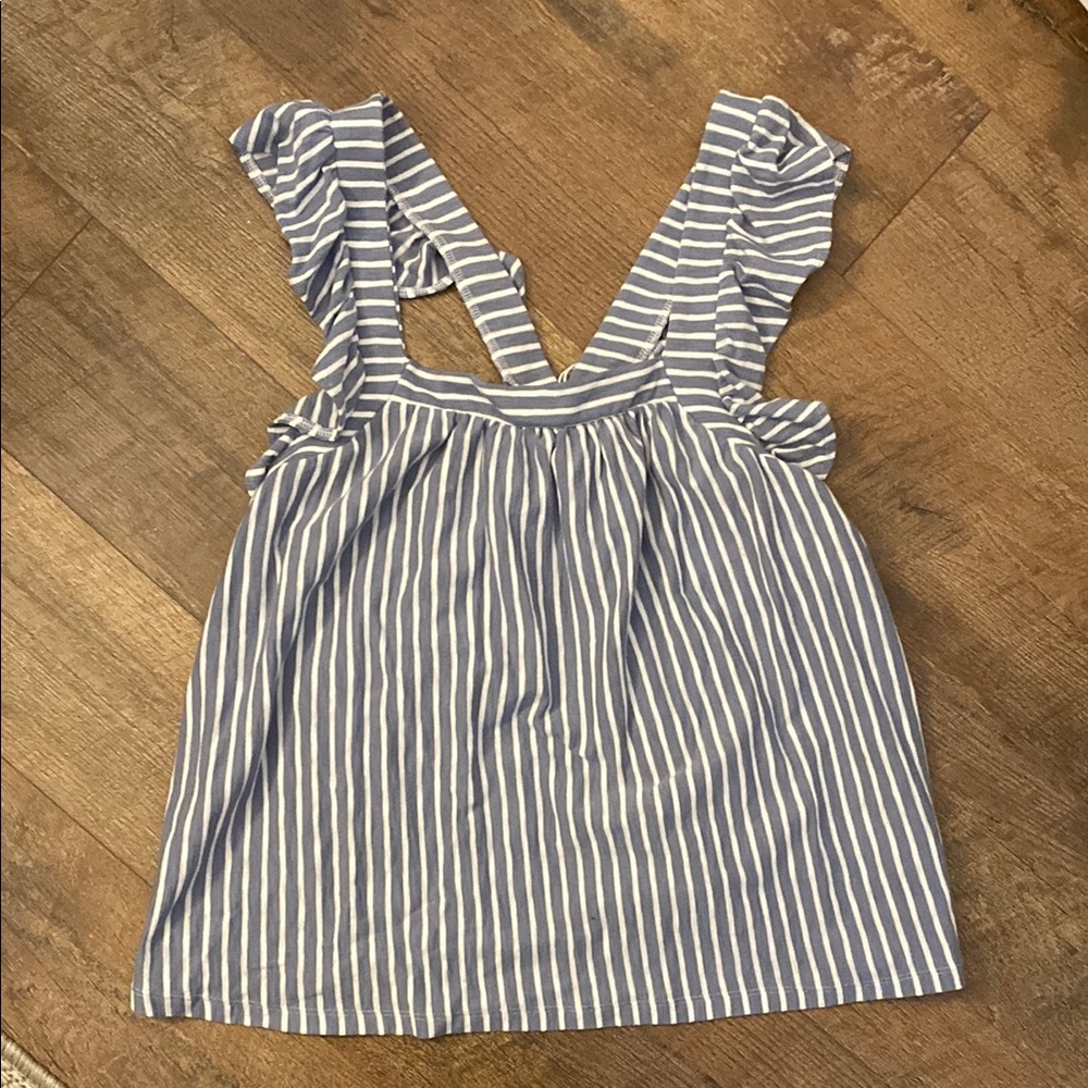 Blue Striped Ruffle Sleeve Blouse
